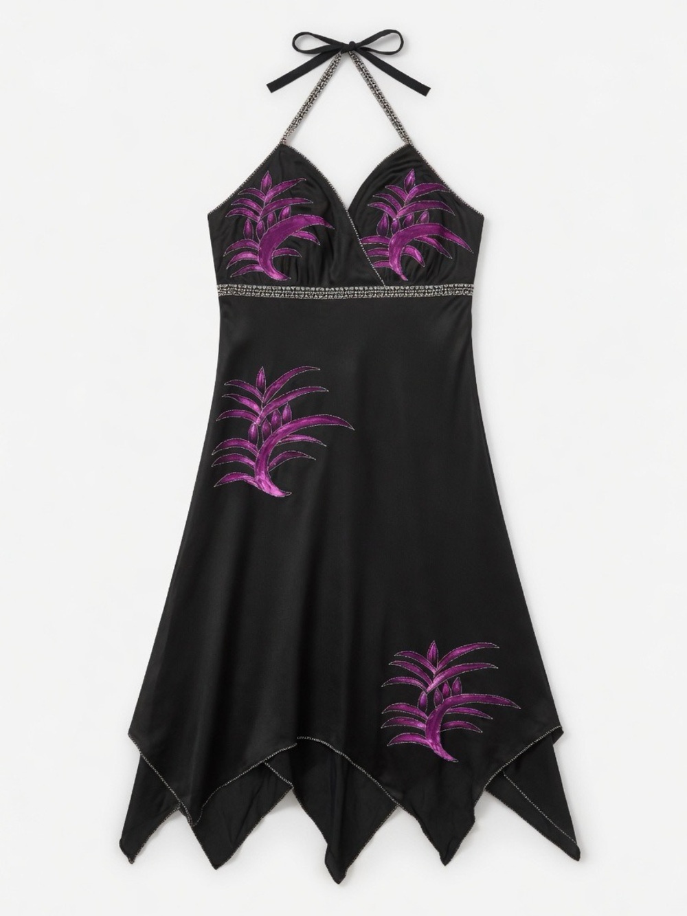 Coast Black Halter Handkerchief-Hem Dress with Purple Embroidered Motifs